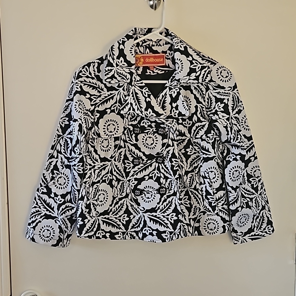 DOLLHOUSE Monochrome Floral Double Breasted Swing Jacket Size 10/12 - Picture 3 of 8